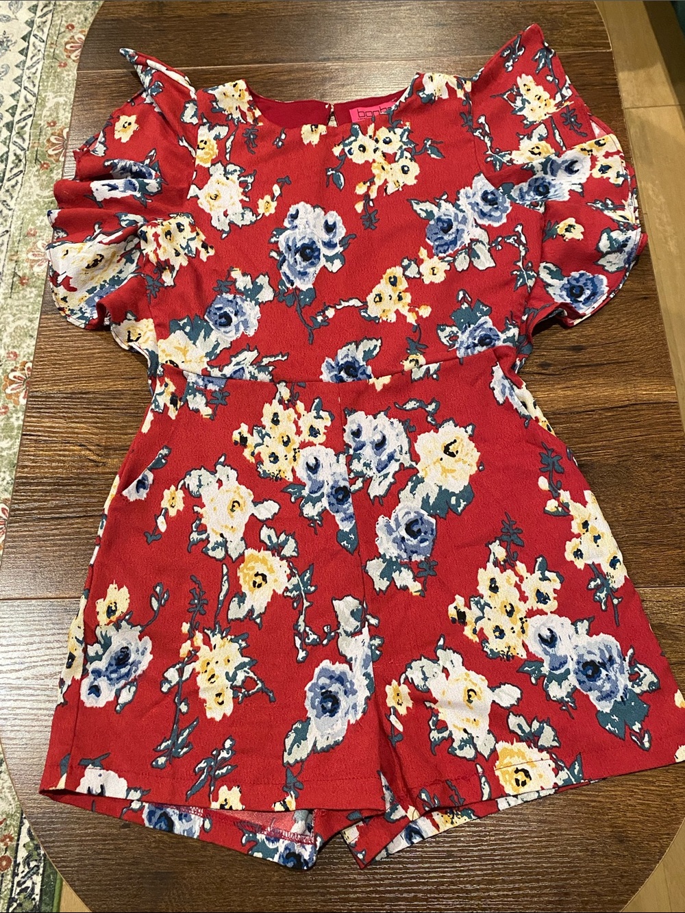 Red Floral Romper with Flutter Sleeves Size 4 | Boohoo